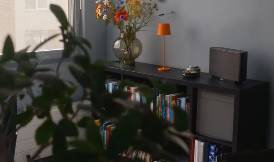 Veldbloemen en een oranje lamp op een boekenkast
